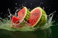 Juicy refreshment Water splashing on watermelon against a green background Royalty Free Stock Photo