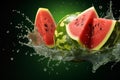 Juicy refreshment Water splashing on watermelon against a green background Royalty Free Stock Photo