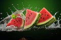 Juicy refreshment Water splashing on watermelon against a green background Royalty Free Stock Photo