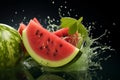 Juicy refreshment Water splashing on watermelon against a green background Royalty Free Stock Photo