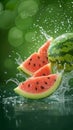 Juicy refreshment Water splashing on watermelon against a green background Royalty Free Stock Photo