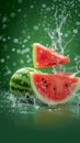 Juicy refreshment Water splashing on watermelon against a green background Royalty Free Stock Photo