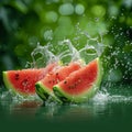 Juicy refreshment Water splashing on watermelon against a green background Royalty Free Stock Photo