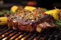 juicy rib-eye steak on bbq with corn and mushrooms Royalty Free Stock Photo
