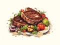 Juicy ribeye steak. Isolated food illustration on white background. Steak illustration for menu. Roasted beefsteak. Grilled beef