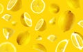 Juicy ripe flying lemons on yellow background. Creative food concept. Tropical organic fruit, citrus, vitamin C. Lemon whole and Royalty Free Stock Photo