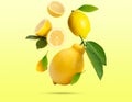 Juicy ripe flying yellow lemons on light yellow background. Creative food concept. Tropical organic fruit, citrus, vitamin C. Royalty Free Stock Photo