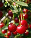 Juicy and ripe fruit of cherries hanging on a tree branch on a sunny summer day Royalty Free Stock Photo
