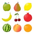 Juicy ripe fruits and berries, bright and colorful, set. Apple, pear, orange, banana, peach, cherry, watermelon, lemon,