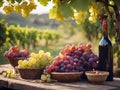 juicy ripe grapes on a wooden table in baskets and bowls in a rustic style