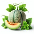 Juicy ripe green melon whole and slice with green leaves on white background Royalty Free Stock Photo