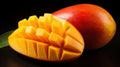 Juicy ripe mango pieces isolated on dark background Royalty Free Stock Photo