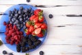 Juicy ripe organic berries of strawberries, blueberries, blackberries, raspberries on a blue plate on a light wooden background. Royalty Free Stock Photo