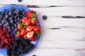 Juicy ripe organic berries of strawberries, blueberries, blackberries, raspberries on a blue plate on a light wooden background. Royalty Free Stock Photo