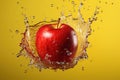 Juicy ripe red apple with a splash of water on a yellow background. Generated by artificial intelligence Royalty Free Stock Photo