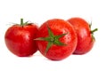 Juicy ripe red tomatoes with water drops isolated on white background