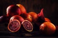 Juicy ripe shiny red bloody oranges in tray for making refreshing cocktail on rustic wooden table background, still life, Royalty Free Stock Photo