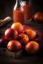 Juicy ripe shiny red bloody oranges in tray for making refreshing cocktail on rustic wooden table background, still life, Royalty Free Stock Photo