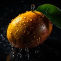 Juicy ripe sweet orange yellow mango fruit with large water drops fruit background useful healthy food