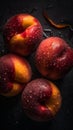 Juicy ripe sweet red purple peaches, nectarines fruit with large water drops fruit background useful healthy food,