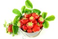 Juicy ripe tasty strawberries in  metal bucket on white wooden table Royalty Free Stock Photo