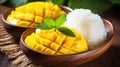 Juicy and ripe Thai mango served with sticky rice