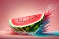 juicy ripe watermelon, splash of juice, isolated on pink background Royalty Free Stock Photo