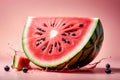 juicy ripe watermelon, splash of juice, isolated on pink background Royalty Free Stock Photo