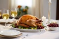 A juicy roast turkey takes center stage on a crisp white dining table in a modern, well-lit dining room