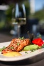 Juicy salmon steak baked in the oven with mashed potatoes, asparagus and cherry tomatoes. Restaurant menu. Royalty Free Stock Photo