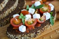 Juicy sandwich with tomato, cheese and herbs on black bread with cereals Royalty Free Stock Photo