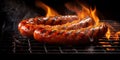 Juicy Sausage Barbecue with Grill Fire and Smoke on Black Background. Generative ai