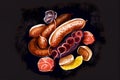 Juicy sausages arranged on a dark background, highlighting their textures and colors, generative ai illustration