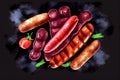 Juicy sausages arranged on a dark background, highlighting their textures and colors, generative ai illustration