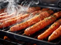 Juicy sausages cooking on a hot grill, creating flavorful smoke as they sizzle and char to perfection