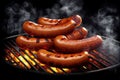 Juicy sausages are fried on a grill grate on bright coals at night. Generative AI