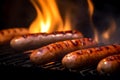 Juicy sausages on the grill with fire flames. Generative AI