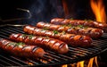 Juicy sausages grilled on a fire grill. It is just right and delicious