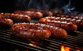 Juicy sausages grilled on a fire grill. It is just right and delicious