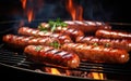 Juicy sausages grilled on a fire grill. It is just right and delicious