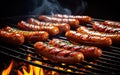 Juicy sausages grilled on a fire grill. It is just right and delicious