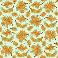 Juicy sea buckthorn seamless pattern. Vector outline drawn illustration