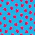 Juicy seamless pattern with fuchsia strawberries on blue backgroun.