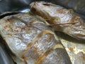 Juicy seasoned sea breams cooking in a silver tray