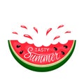 Juicy slice of watermelon bite with hand lettering Tasty summer. logo on a white background. flat isolated vector Royalty Free Stock Photo