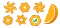 Juicy slices of orange to decorate dessert. Slices of orange in form of sun or flower on top of pie. Cartoon vector isolated on