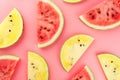 Juicy slices of red watermelon on a bright pink background. Conceptual colors of summer. Patterns top view as a background or Royalty Free Stock Photo