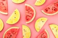 Juicy slices of red and yellow watermelon on a bright pink background. Conceptual colors of summer. Patterns top view as a Royalty Free Stock Photo