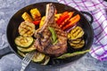 Juicy steak and grilled vegetables in a pan. Life style
