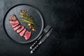 Juicy steak medium rare beef Filet Mignon or Eye Fillet, with onion and asparagus, on plate, with meat knife and fork, on black Royalty Free Stock Photo